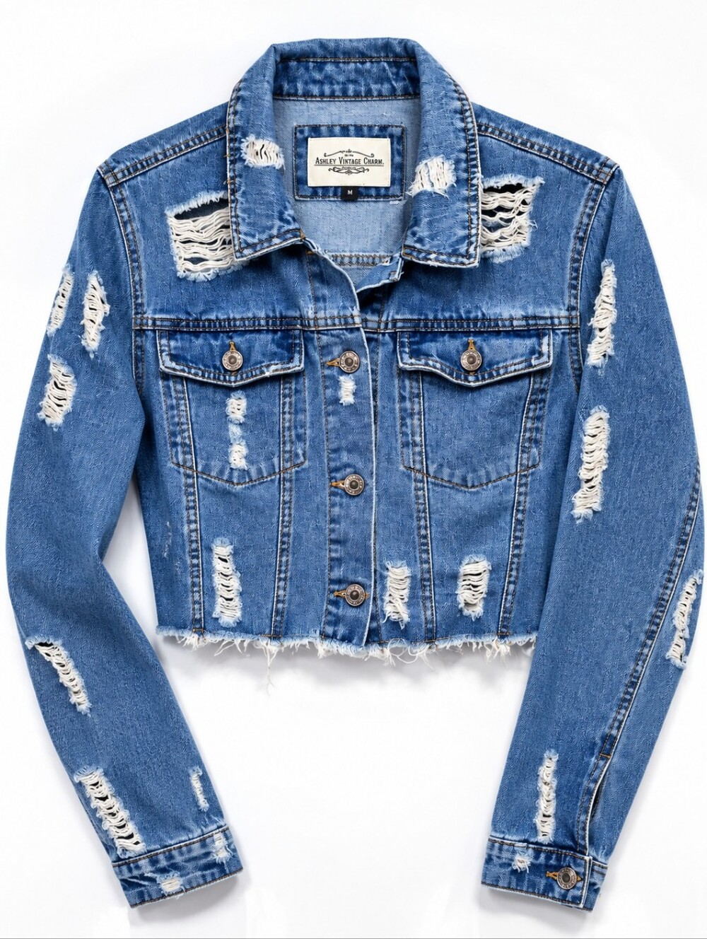 ASHLEY VINTAGE CHARM DISTRESSED CROPPED DENIM JACKET Medium - Picture 4 of 9